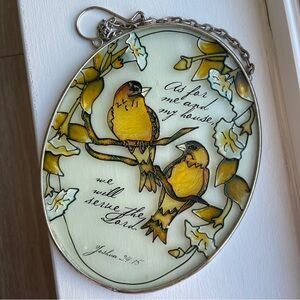 Vintage 7” Amia Studios Hand-Painted Glass Suncatcher – Oval Birds & Flowers – “